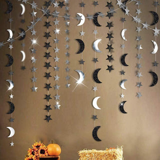 Glitter Black Silver Crescent Moon Star Garland Ramadan Party Decoration 8