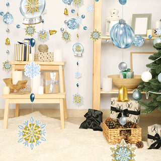 Snowflake and Snow Globes Christmas Garlands in Gold, Blue and White 