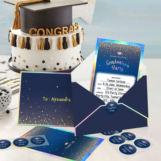12 Set Holographic Blue Graduation Invitation Card Royal Blue Grad Invites with Gold Confetti 9