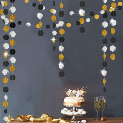 Graduation Circle Dots Garland in Glitter Gold, Silver & Black (52Ft) 1