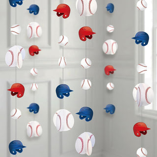 Baseball sports party garland with hanging red and blue bird ornaments and baseballs