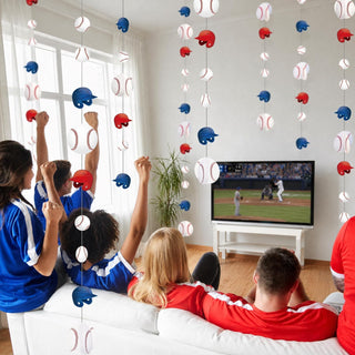 Baseball garland with hanging baseballs and red/blue birds, used indoors at a birthday party