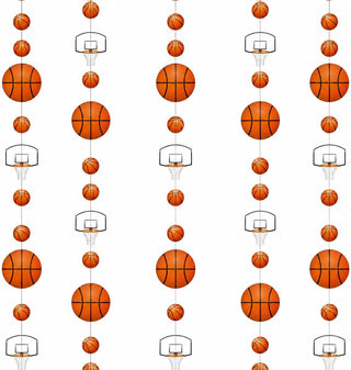 Basketball garland set with repeating hanging basketballs and mini hoop decorations
