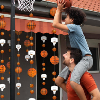 Basketball party garland with hanging basketballs and mini basketball hoops