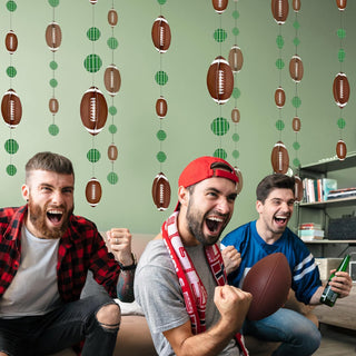 Hanging brown football and green plaid circle garland decoration for a birthday party