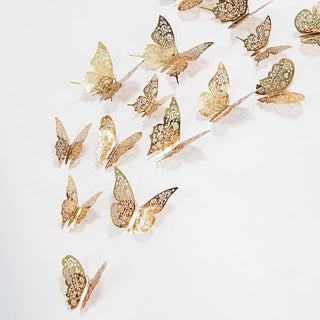 Gold 3D hollow-out butterfly wall stickers, ornate filigree butterfly shapes (set)