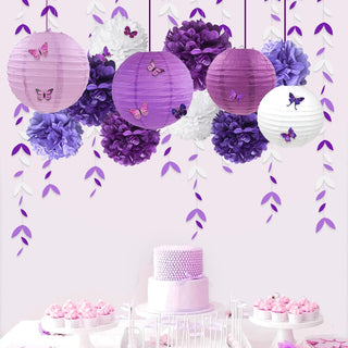 Lilac Leaf Garland with Purple White Lantern Flower & Pom Pom (28pcs) 3