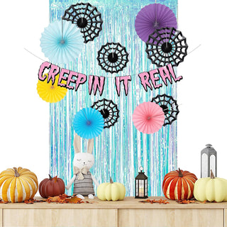 13pcs Pastel Halloween Spiderweb Fan Banner Foil Curtain Backdrop Kit 4