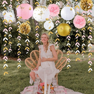 Flowers Pom Pom Paper Lanterns Kit  Gold and Pink (41 Pcs)  4