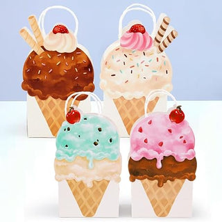 Four ice cream themed gift bags with printed cones, cherries, and striped straw details
