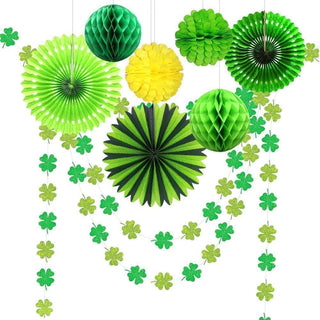 St Patrick's Day Glitter Green Shamrock Clover Garlands with Paper Fan (9pcs)