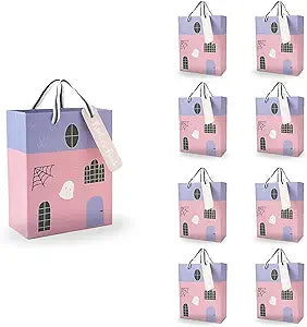 Halloween party gift bags, pastel pink/purple house print, rope handles (10-pack)