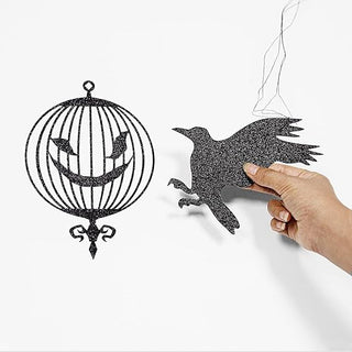 3D Glitter Black Crow & Cage Wall Sticker Halloween Decorations (24 Pcs)