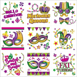 Mardi Gras Carnival Temporary Tattoos Green Purple Gold Pink (108 Pcs)