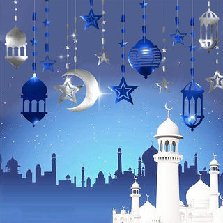 Islamic Silver Blue Star Crescent Moon Lantern Ramadan Garland (8 Pcs)