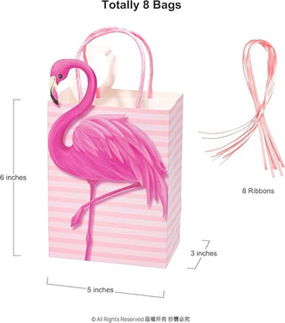 Pink striped flamingo goodie bag with ribbon handles, size diagram