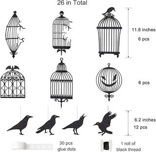 3D Glitter Black Crow & Cage Wall Sticker Halloween Decorations (24 Pcs)
