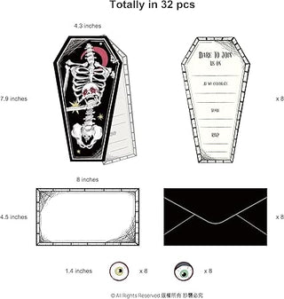 Halloween Party Invitations with Skeleton and Coffin (12 Sets)