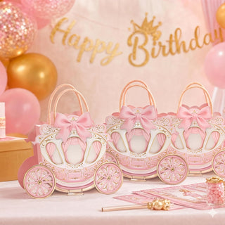 Pink carriage-shaped gift bags with bow handles, party table display