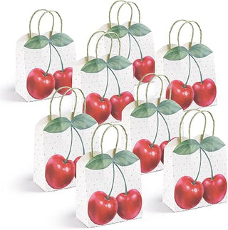 Eight cherry print gift bags, each with red cherries, green leaves, and rope handles