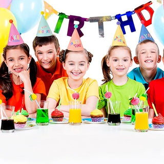 Colorful party fabric cone hats with pom pom, “MAKE HOORAY” and “PARTY TIME” prints