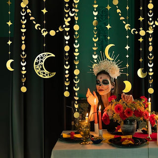 Gold crescent moon and star hanging garlands with dangling bead-like decorations