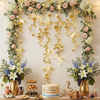 Gold leaf vine garland arch with cascading leaf strands and small floral clusters, 24 pcs.