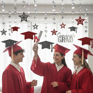 Black and Burgundy Graduation Caps Banners (13 Pcs)