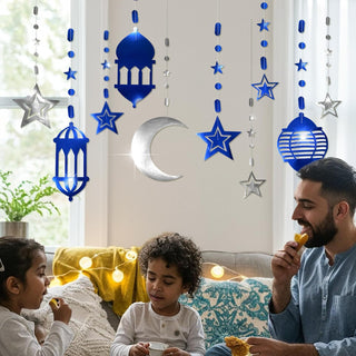 Islamic Silver Blue Star Crescent Moon Lantern Ramadan Garland (8 Pcs)