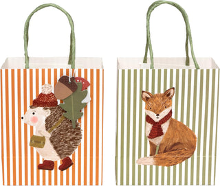 Orange and green striped gift bags with woodland animal cutouts, green rope handles.