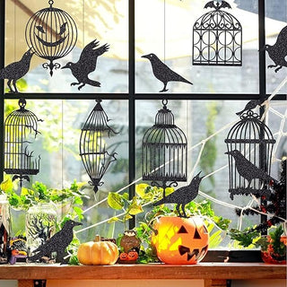3D Glitter Black Crow & Cage Wall Sticker Halloween Decorations (24 Pcs)