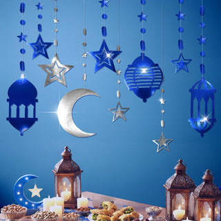 Islamic Silver Blue Star Crescent Moon Lantern Ramadan Garland (8 Pcs)