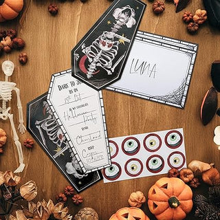 Halloween Party Invitations with Skeleton and Coffin (12 Sets)