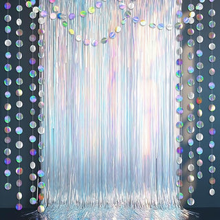 Iridescent Tinsel Foil Curtain with 4 Circle Dots Garlands (6.6 ft)