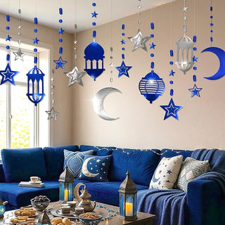 Islamic Silver Blue Star Crescent Moon Lantern Ramadan Garland (8 Pcs)