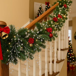 Crystal beaded diamond garland with dangling clear beads, draped over a railing