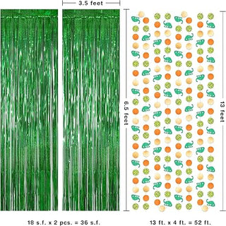 Green glitter fringe curtain size chart with dinosaur garland pattern sheet