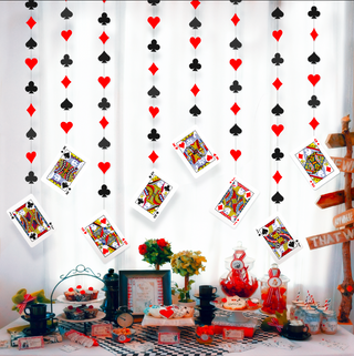 Poker card garland with 8 hanging playing cards in red and black
