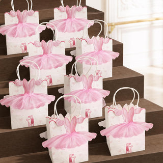 Set of ballerina-themed gift bags, white with pink tutu bows and top handles