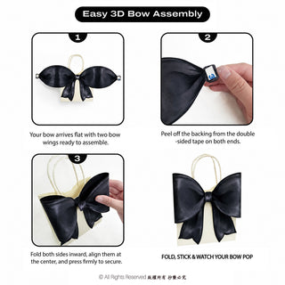 Assembly steps for dark satin bow on a cream gift bag with rope handle