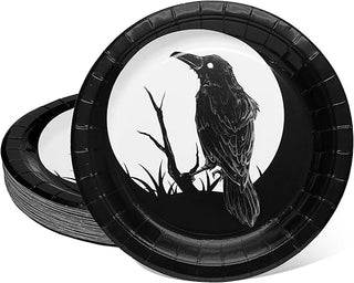 Black paper party plate with crow and moon graphic, gothic Halloween design