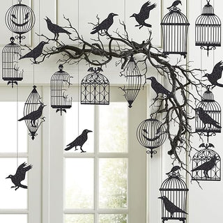 Black glitter bird and cage Halloween wall stickers on window frame, branch arrangement