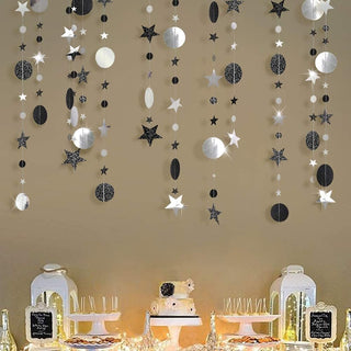 Hanging garland with black and silver moons, stars, and glitter discs (3 strands)