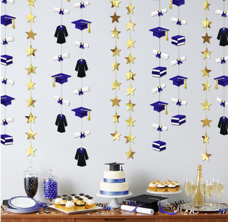 Graduation backdrop garland with blue caps, gowns, diplomas and gold stars, hanging set