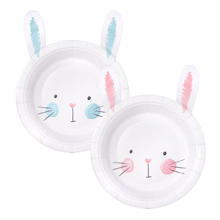 Easter bunny shaped paper plates, white with blue and pink bunny faces, 2-pack