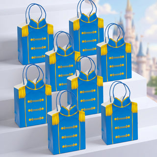 Set of blue royal-style party gift bags with gold trim and tassels, 8 count