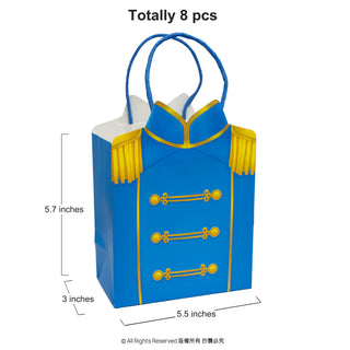 Blue party gift bag with gold button panel, tassel handles and curved lid