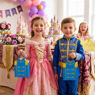 Children holding blue royal-style party gift bags with gold trim and tassels