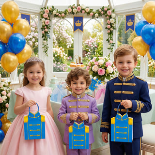 Kids holding blue royal-style party gift bags with gold trim and tassels