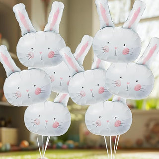 White bunny head foil balloons with pink ears and whisker face, 8-pack